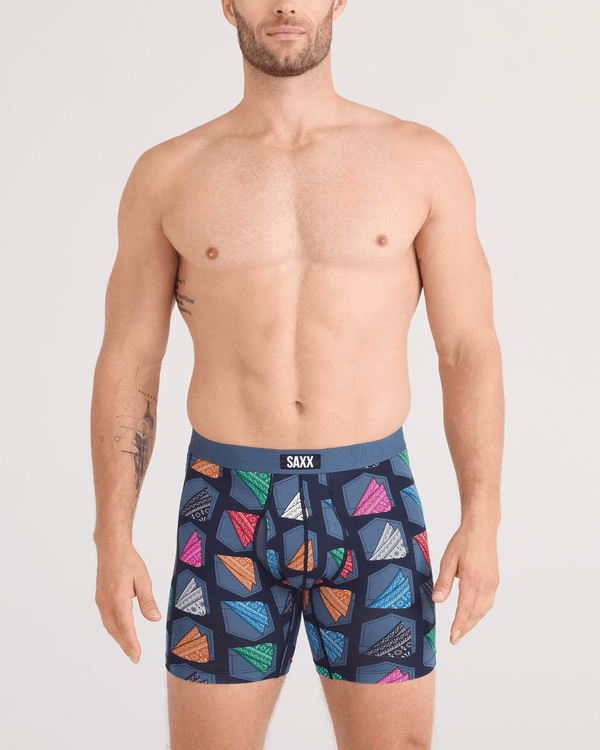 Front - Model wearing  Vibe Xtra Soft Comfort Boxer Brief Fly in Hankerchief-India Ink