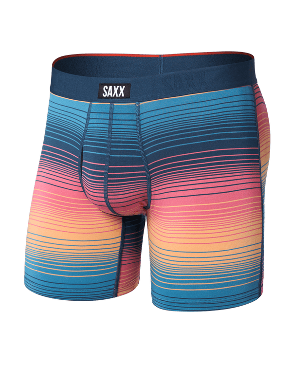 Front of Vibe Xtra Soft Comfort Boxer Brief Fly in Hazy Stripe-Sunset