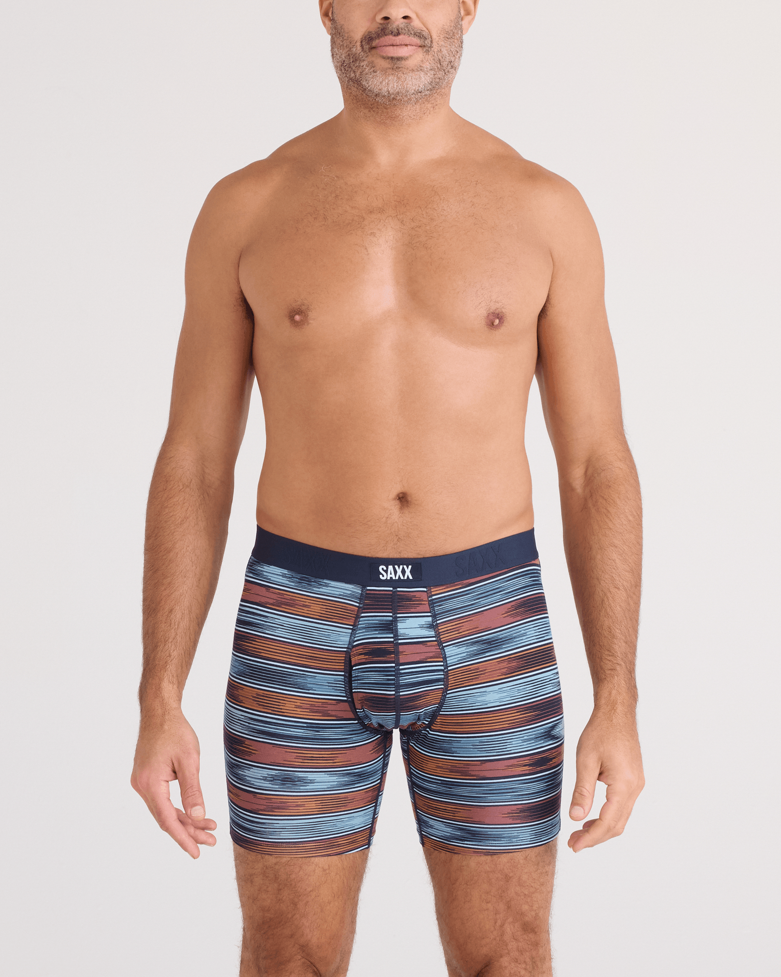 Front - Model wearing  Vibe Xtra Soft Comfort Boxer Brief Fly in Ikat Stripe-Multi