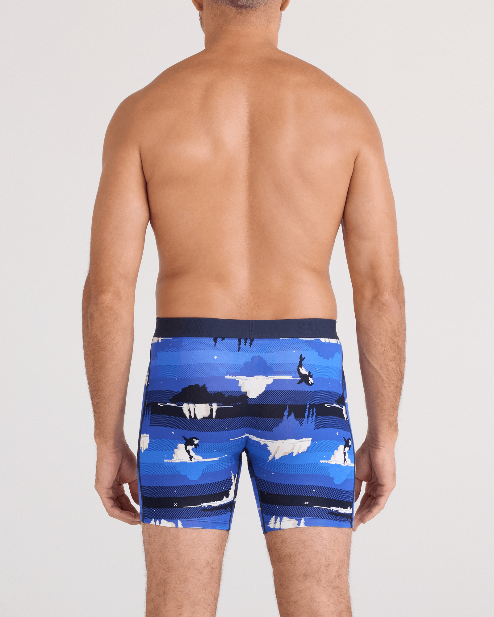 Back - Model wearing  Vibe Xtra Soft Comfort Boxer Brief Fly in Iceberg Stripe-Blue