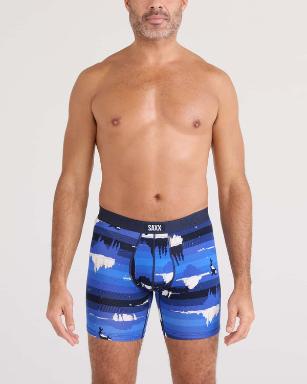 Front - Model wearing  Vibe Xtra Soft Comfort Boxer Brief Fly in Iceberg Stripe-Blue
