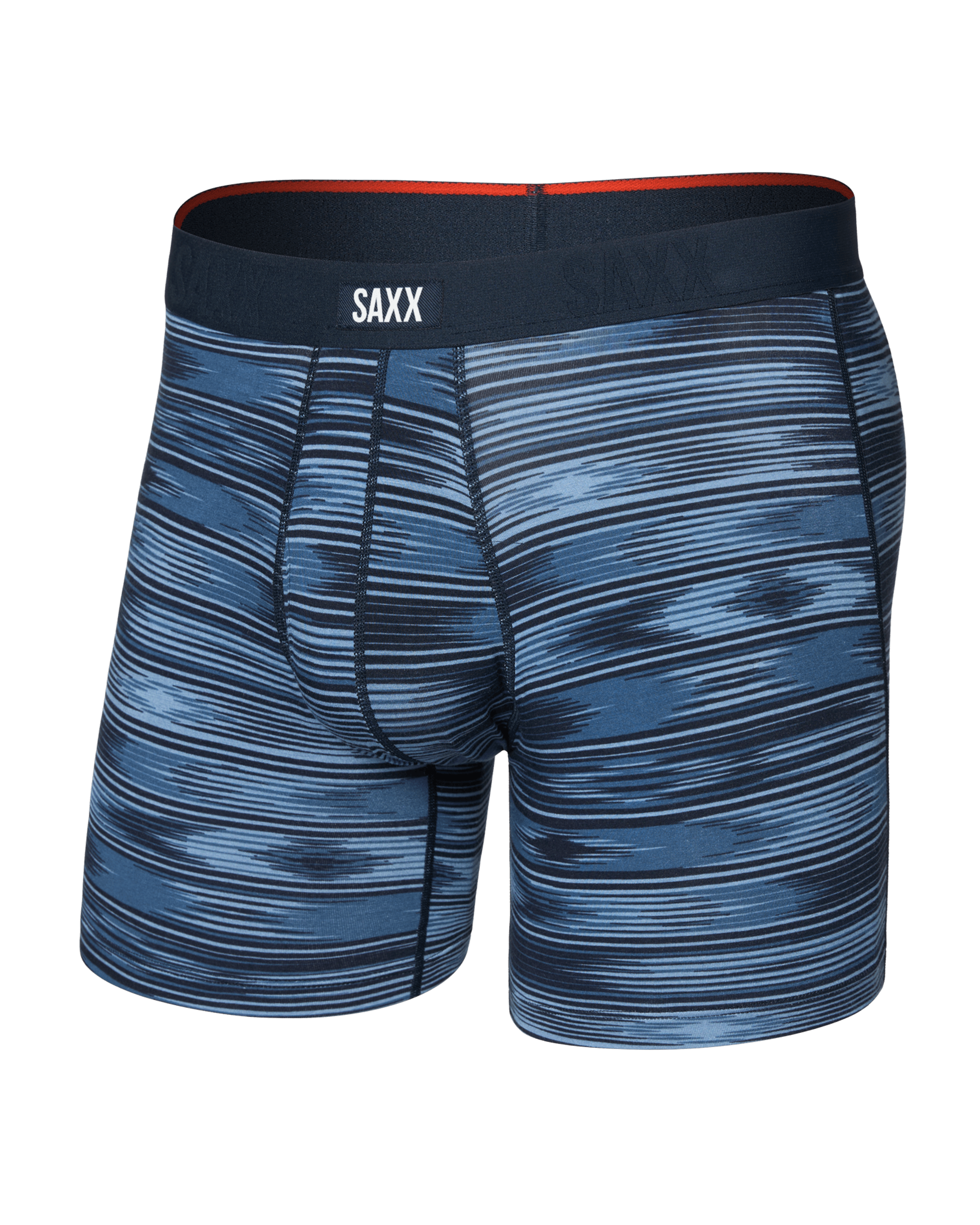 Front of  Vibe Xtra Soft Comfort Boxer Brief Fly in Ikat Stripe-Dark Denim