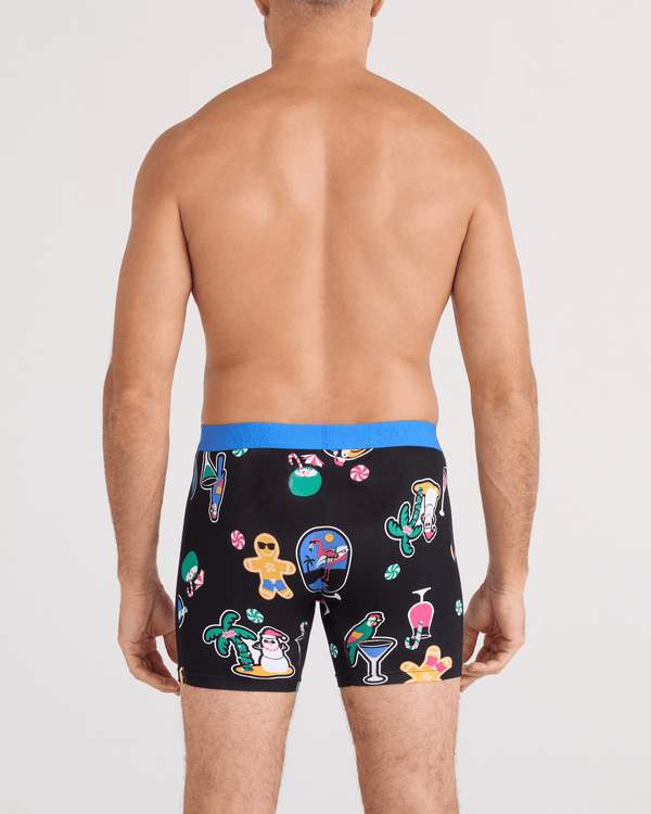 Back - Model wearing  Vibe Xtra Soft Comfort Boxer Brief Fly in Island Holiday-Black