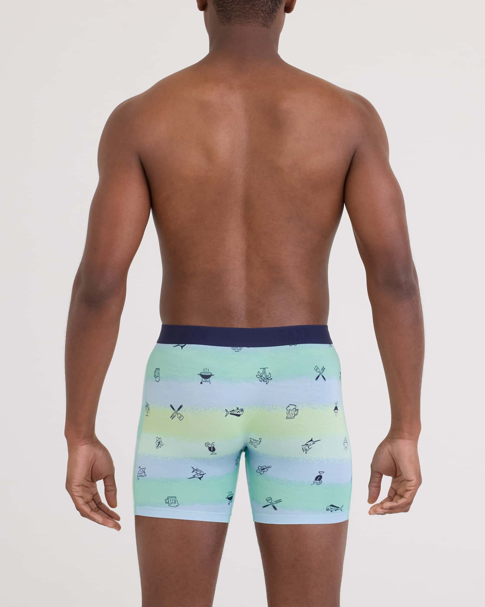 Back - Model wearing Vibe Xtra Soft Comfort Boxer Brief Fly in Iconic Summer-Multi