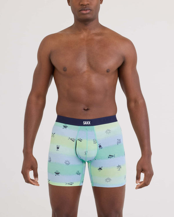 Front - Model wearing Vibe Xtra Soft Comfort Boxer Brief Fly in Iconic Summer-Multi