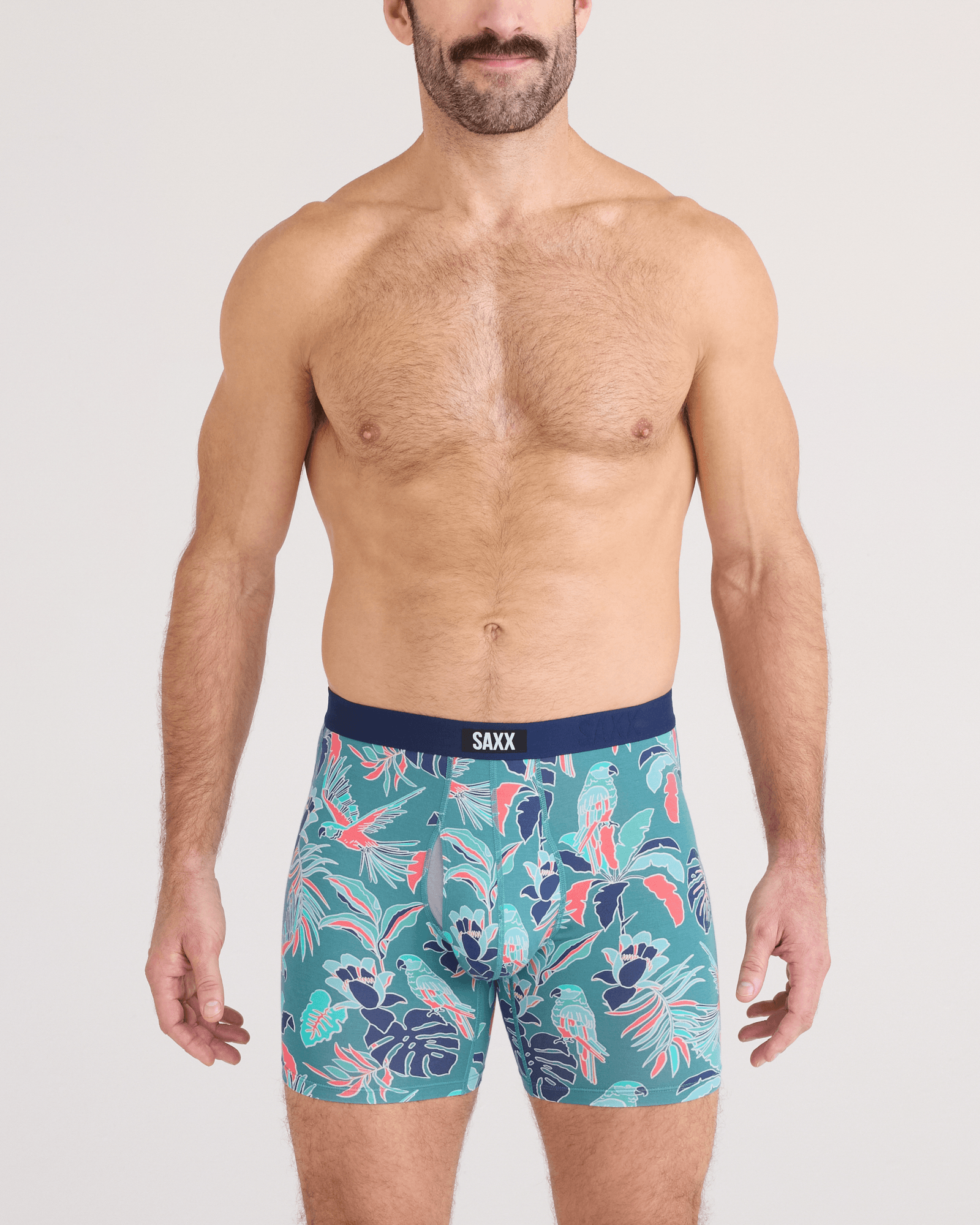 Front - Model wearing  Vibe Xtra Soft Comfort Boxer Brief Fly in Island Tropics-Seascape