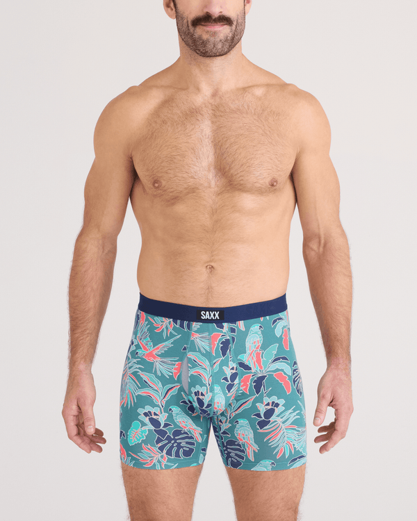 Front - Model wearing  Vibe Xtra Soft Comfort Boxer Brief Fly in Island Tropics-Seascape