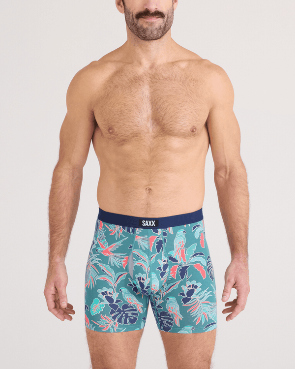 Front - Model wearing  Vibe Xtra Soft Comfort Boxer Brief Fly in Island Tropics-Seascape