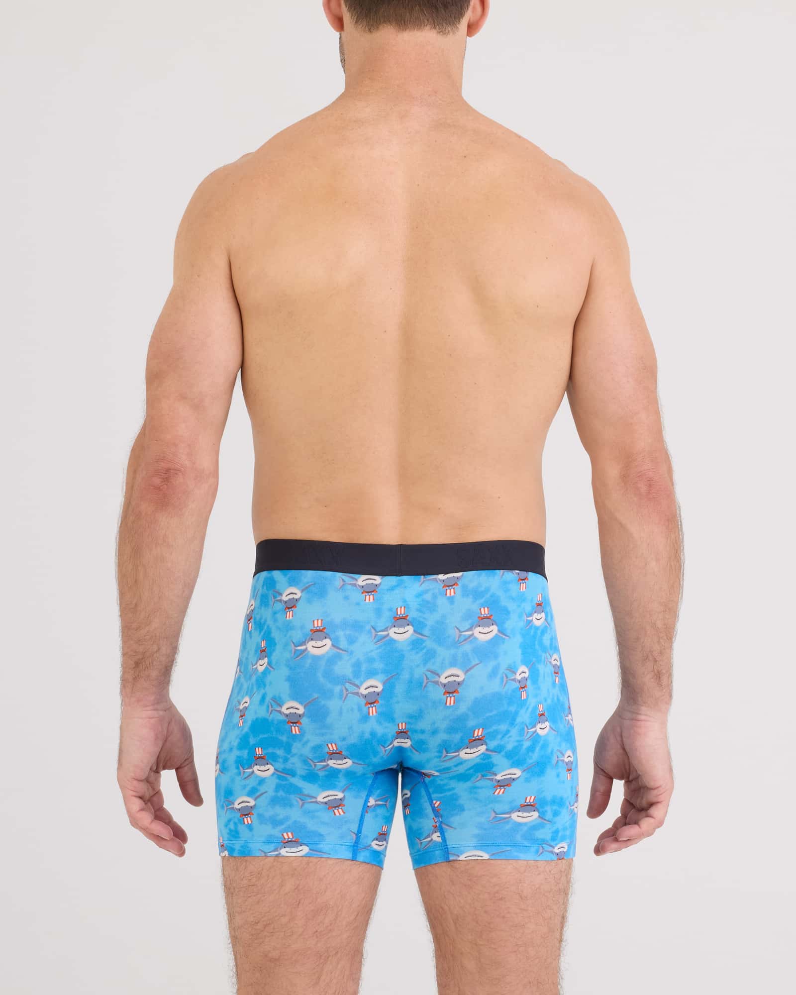 Back - Model wearing Vibe Xtra Soft Comfort Boxer Brief Fly in I Want You-Bold Blue