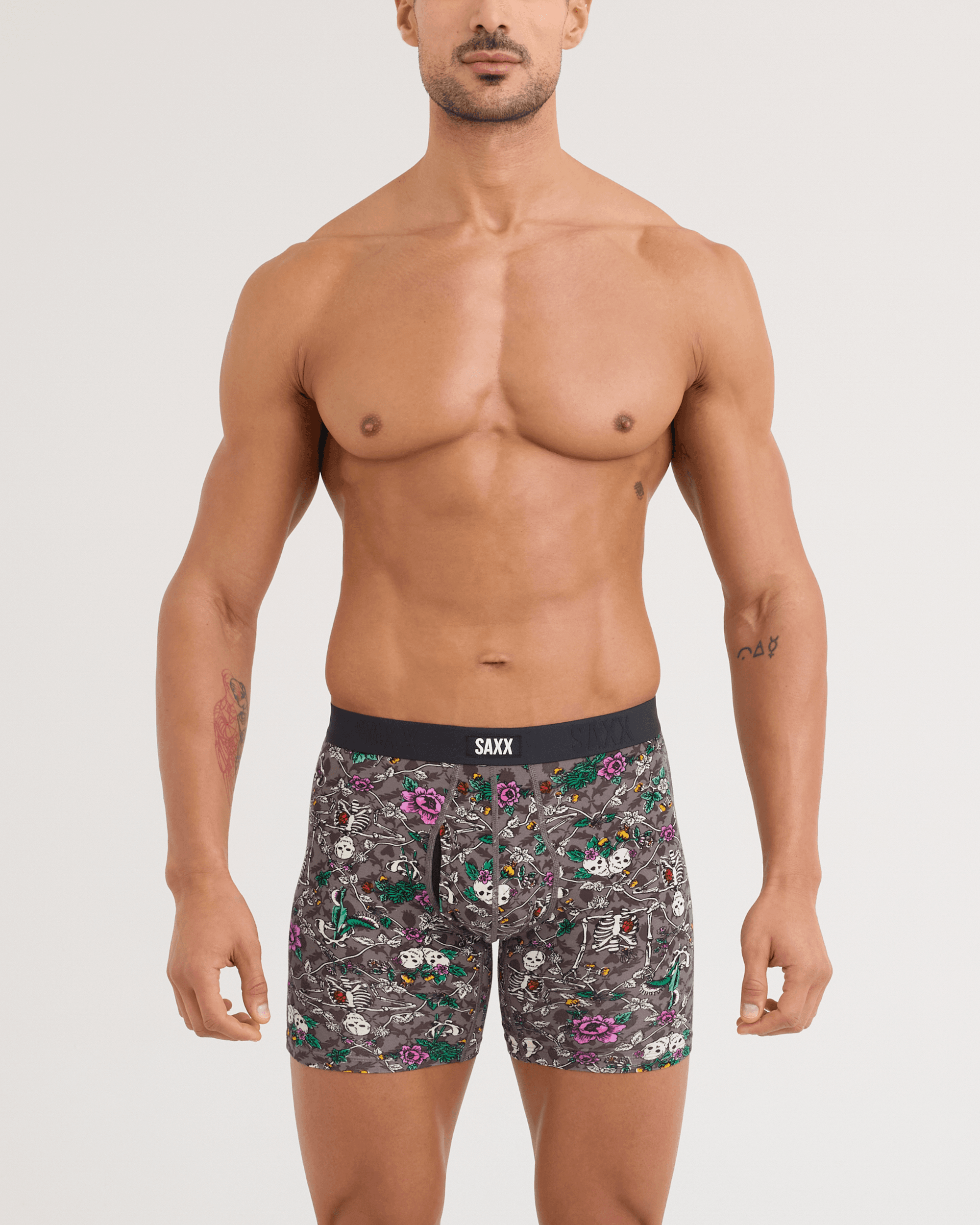 Front - Model wearing Vibe Xtra Soft Comfort Boxer Brief in Lovely Bones-Dark Grey