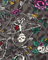 Pattern of skeletons, skulls, and colorful flowers on a dark background