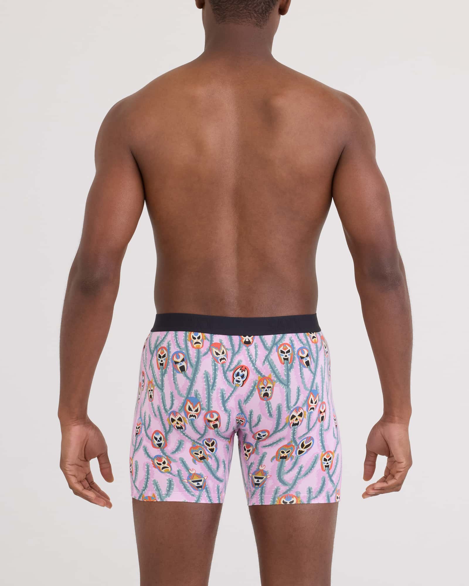 Back - Model wearing Vibe Xtra Soft Comfort Boxer Brief Fly in Lucho Libre-Orchid