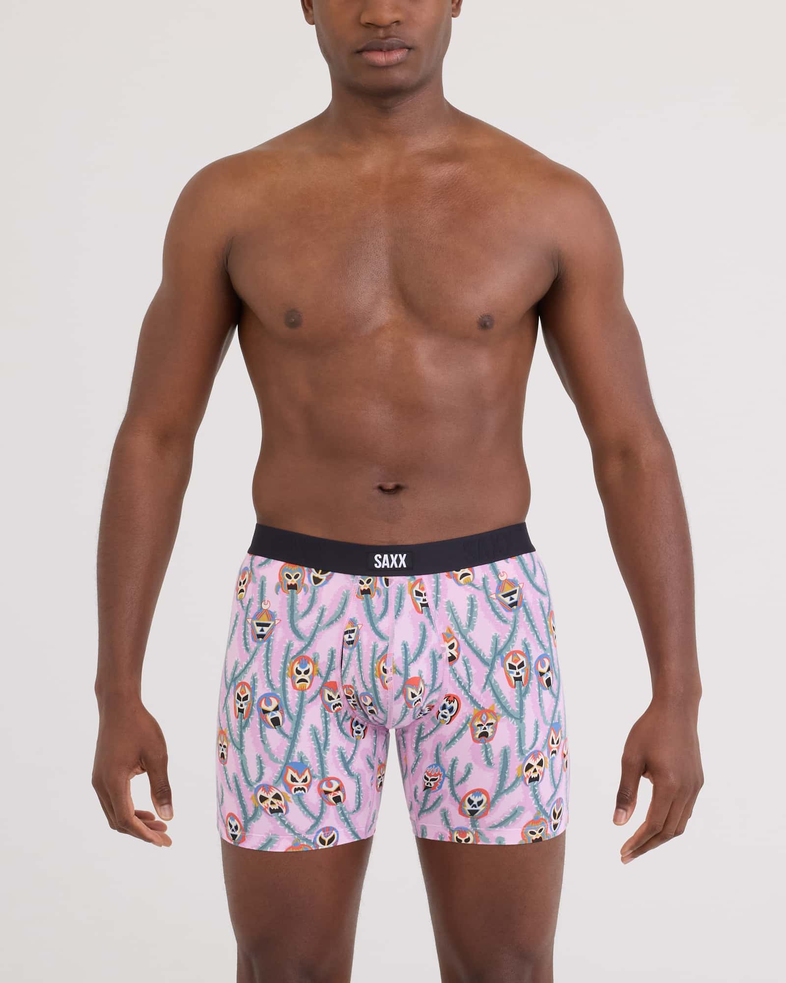 Front - Model wearing Vibe Xtra Soft Comfort Boxer Brief Fly in Lucho Libre-Orchid