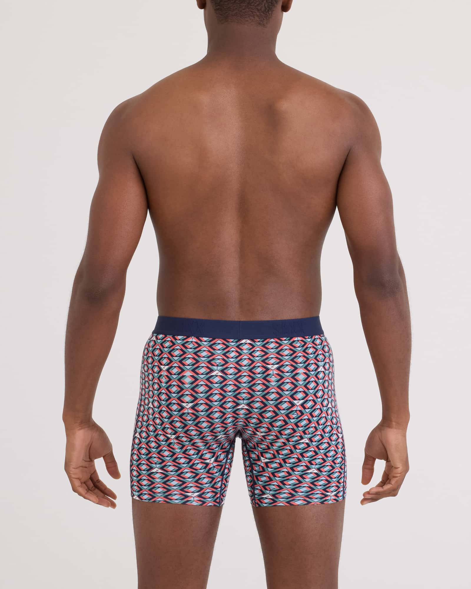 Back - Model wearing  Vibe Xtra Soft Comfort Boxer Brief Fly in Martini Geo-Multi