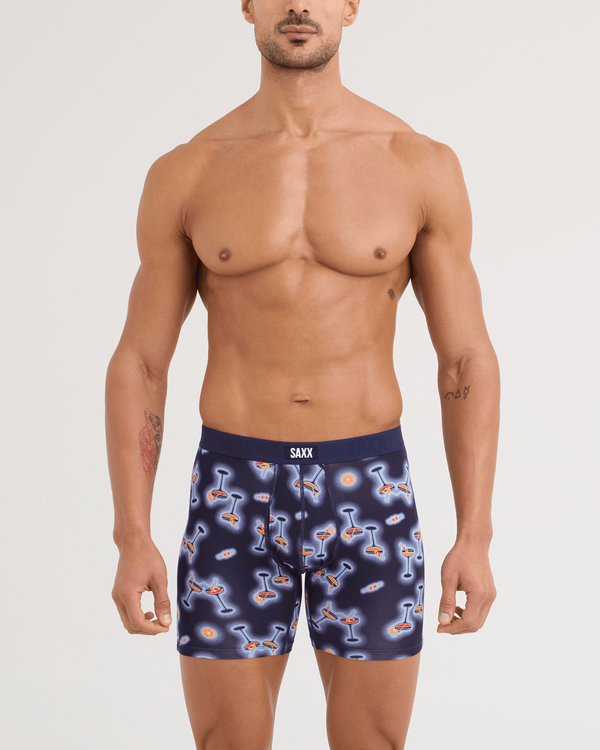 Front - Model wearing Vibe Xtra Soft Comfort Boxer Brief in Neon Buzz-Maritime