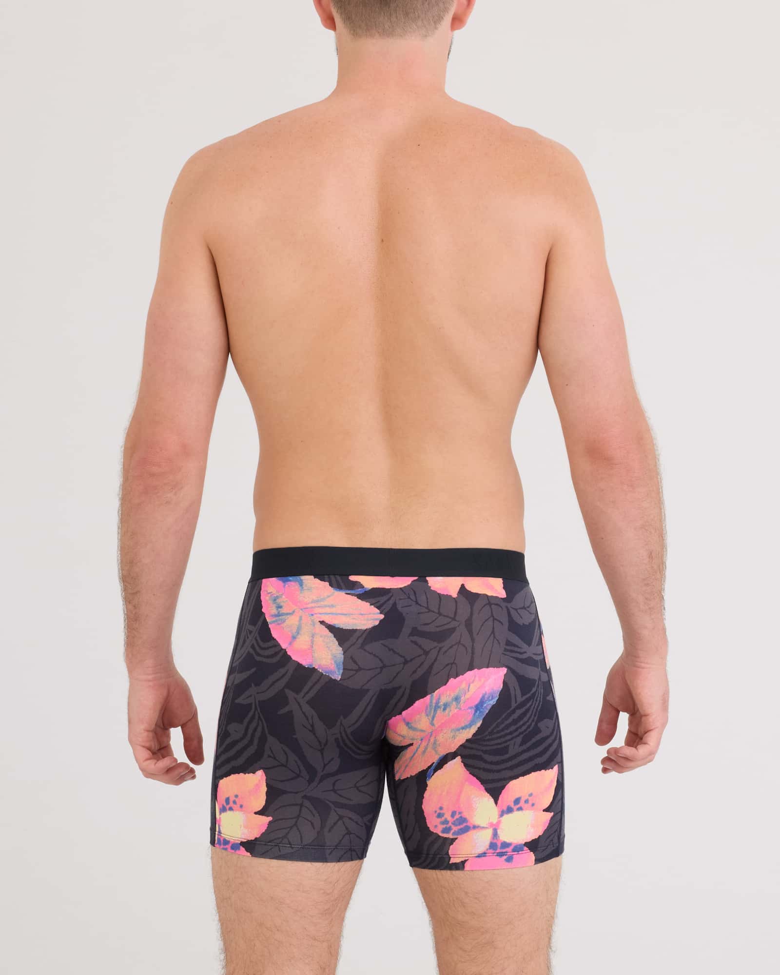Back - Model wearing Vibe Xtra Soft Comfort Boxer Brief Fly in Nocturnal Orchid-Dark Ink