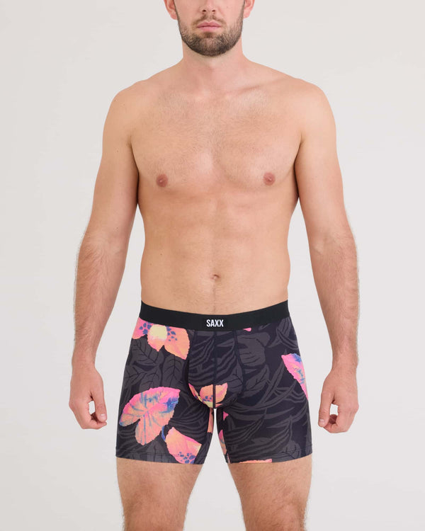 Front - Model wearing Vibe Xtra Soft Comfort Boxer Brief Fly in Nocturnal Orchid-Dark Ink