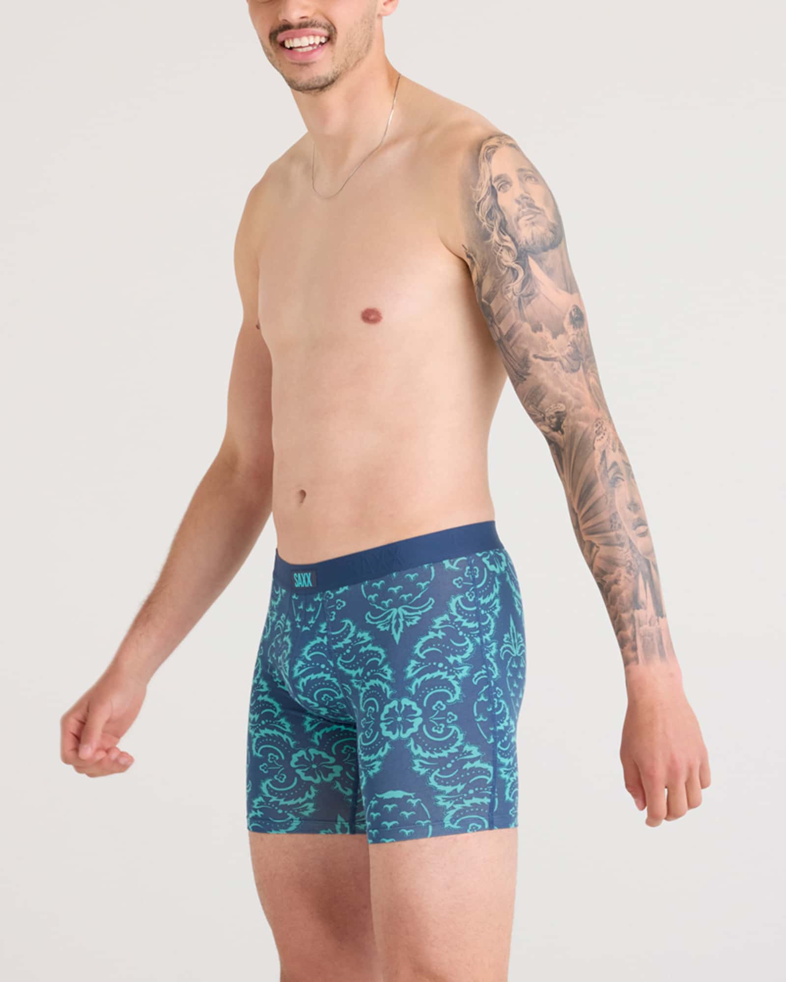 Front - Model wearing Vibe Xtra Boxer Brief in Pineapple Brocade-Navy