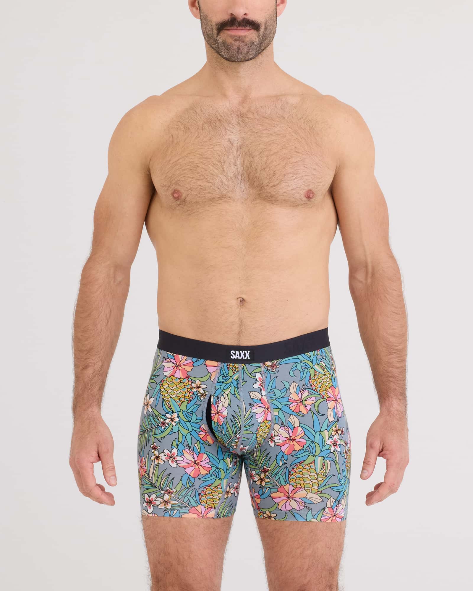 Front - Model wearing Vibe Xtra Soft Comfort Boxer Brief Fly in Pineapple Field
