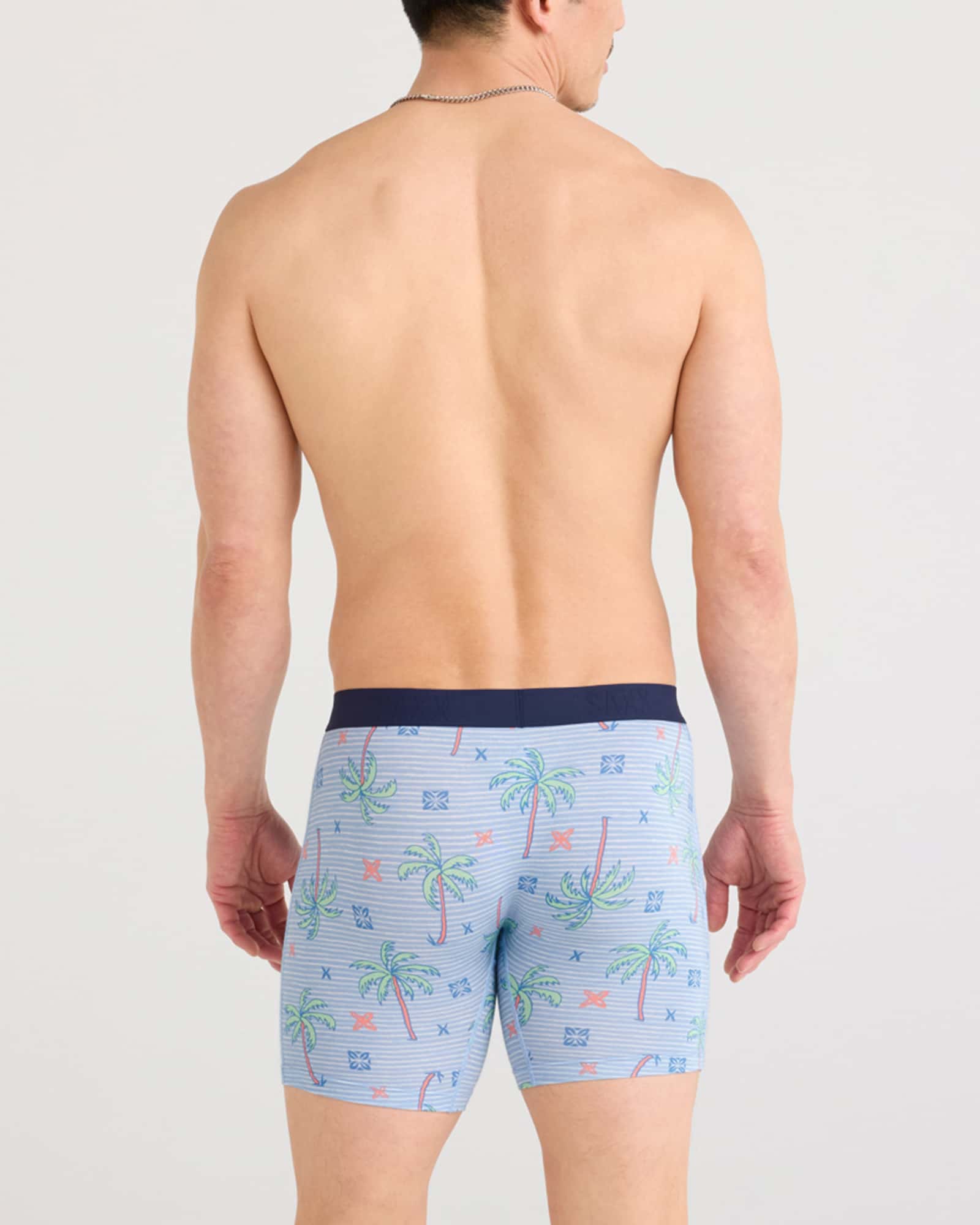Back - Model wearing Vibe Xtra Boxer Brief in Palmtastic-Bel Air Blue
