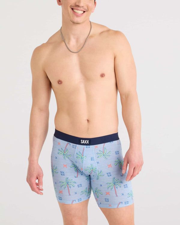 Front - Model wearing Vibe Xtra Boxer Brief in Palmtastic-Bel Air Blue