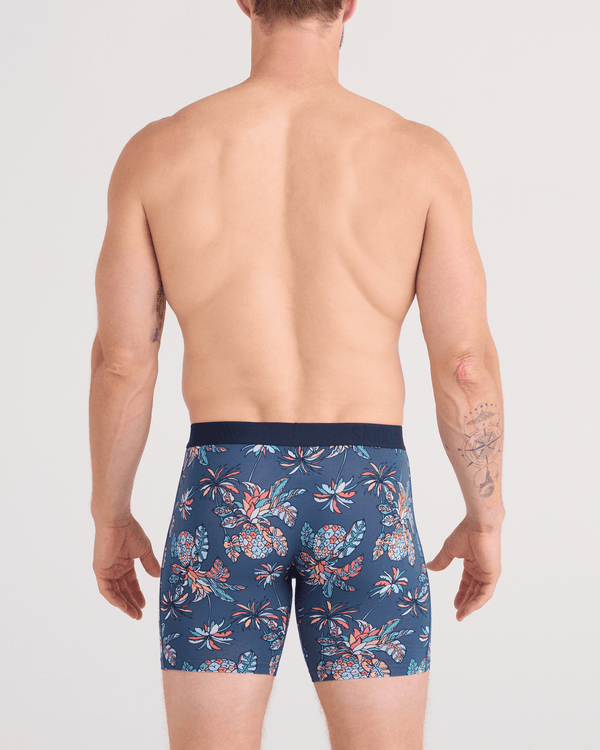 Back - Model wearing  Vibe Xtra Soft Comfort Boxer Brief Fly in Pineapple Tropic-Indigo
