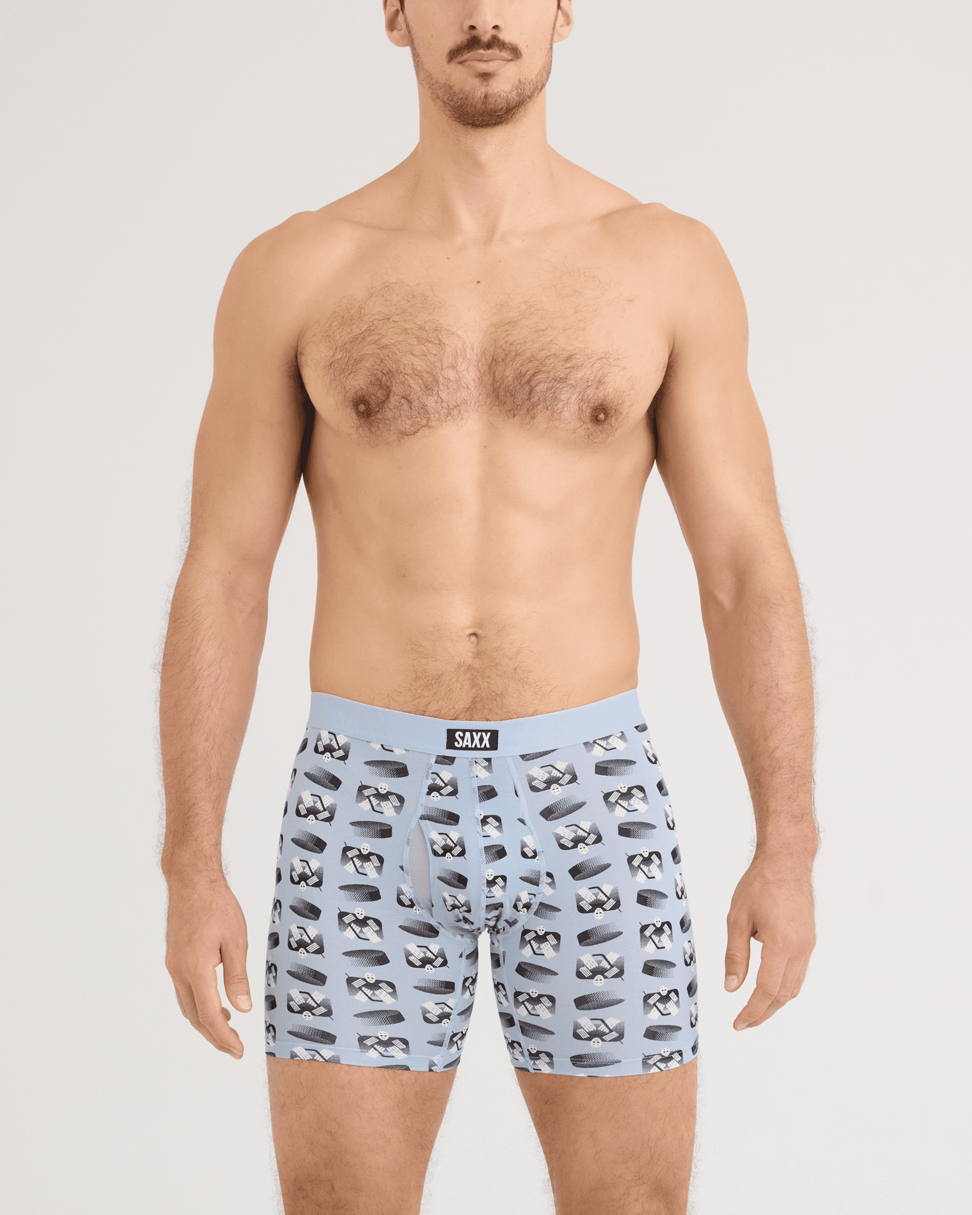 Front - Model wearing Vibe Xtra Soft Comfort Boxer Brief 2 Pack in Puck Stopper/Black