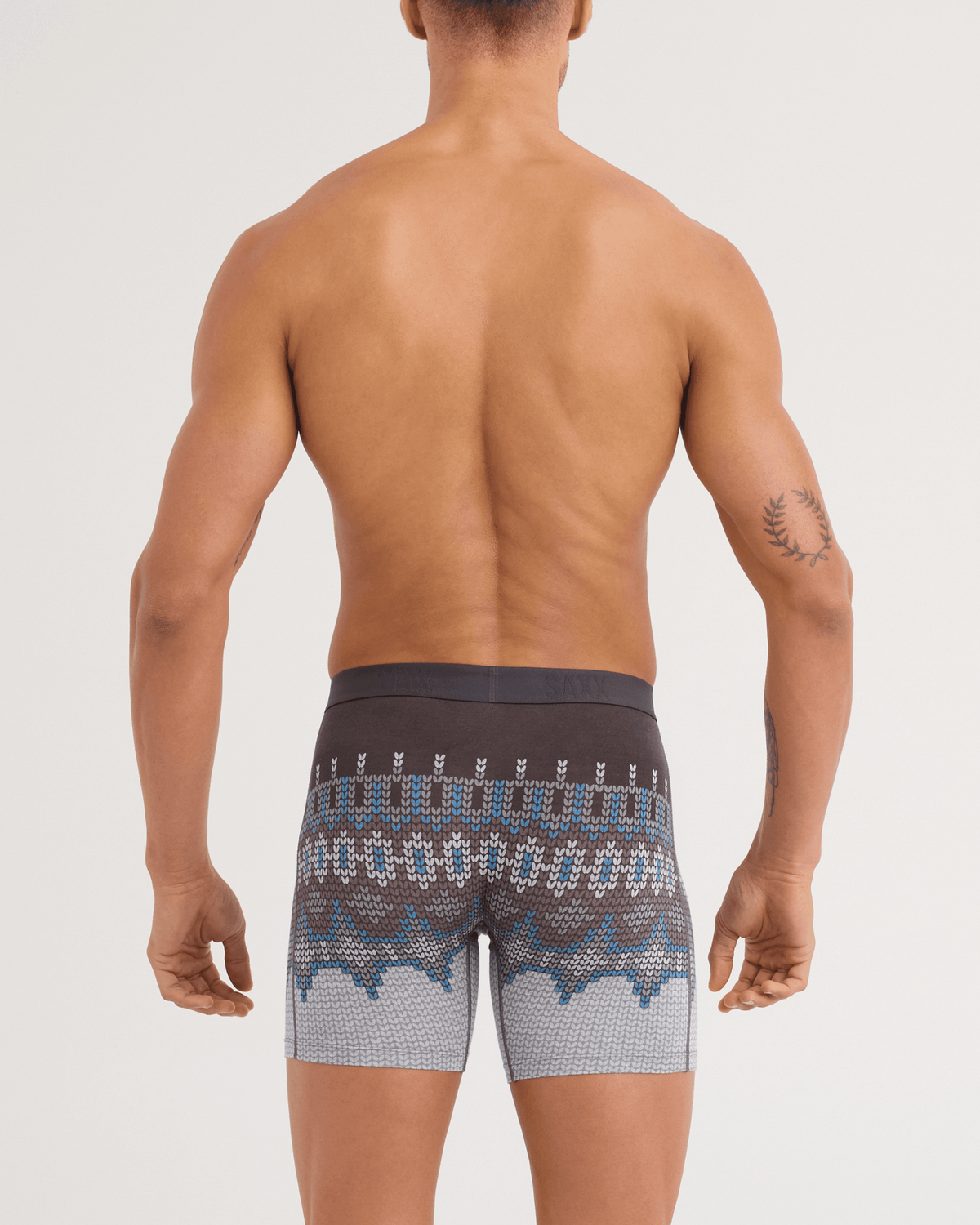 Back - Model wearing Vibe Xtra Soft Comfort Boxer Brief in Shetland Stripe-Dark Grey