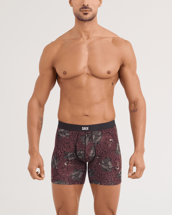 Front - Model wearing Vibe Xtra Soft Comfort Boxer Brief in Smoking Jacket-Huckleberry