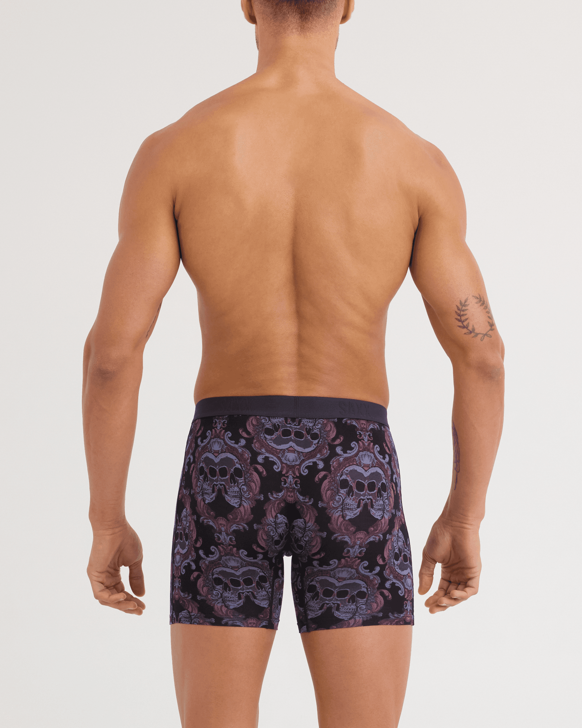 Back - Model wearing Vibe Xtra Soft Comfort Boxer Brief in Skull Brocade-Black
