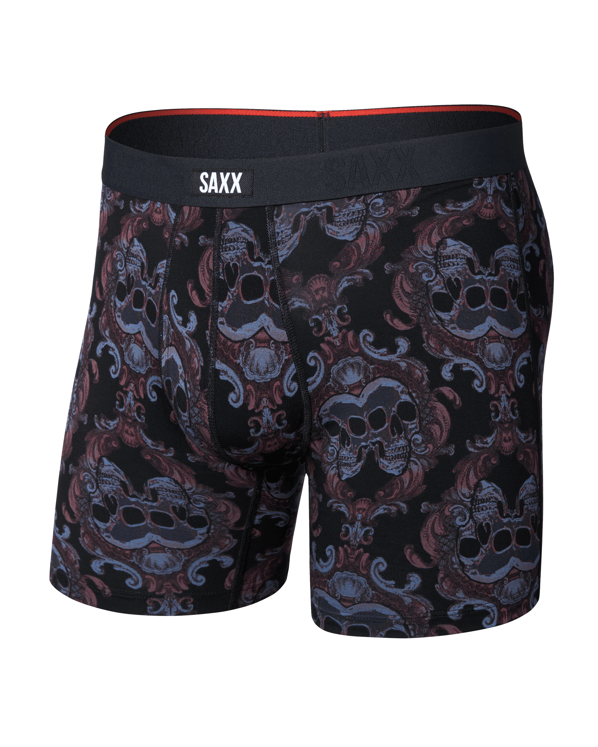 Front of Vibe Xtra Soft Comfort Boxer Brief in Skull Brocade-Black