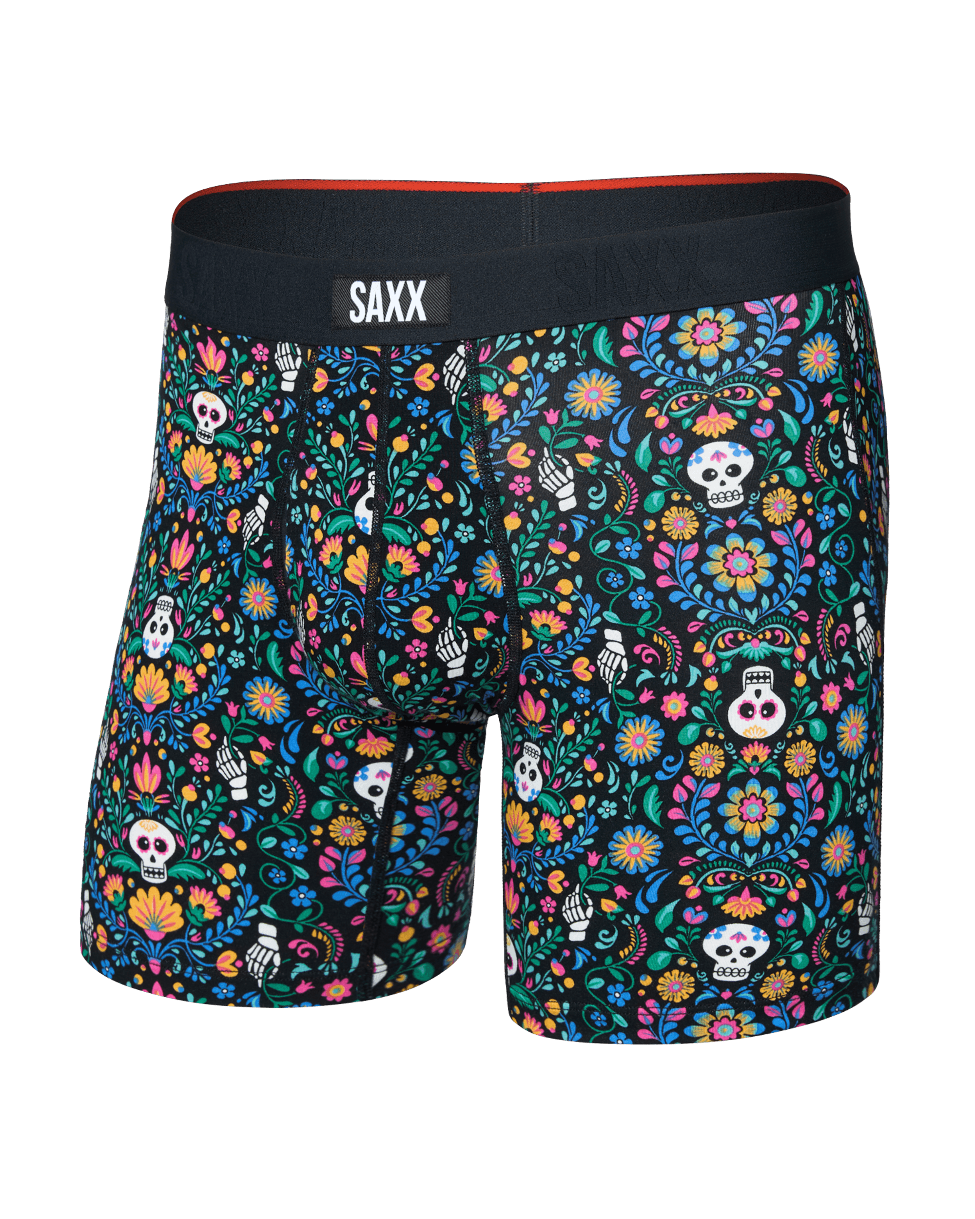 Front of  Vibe Xtra Soft Comfort Boxer Brief Fly in Skull Garden-Multi