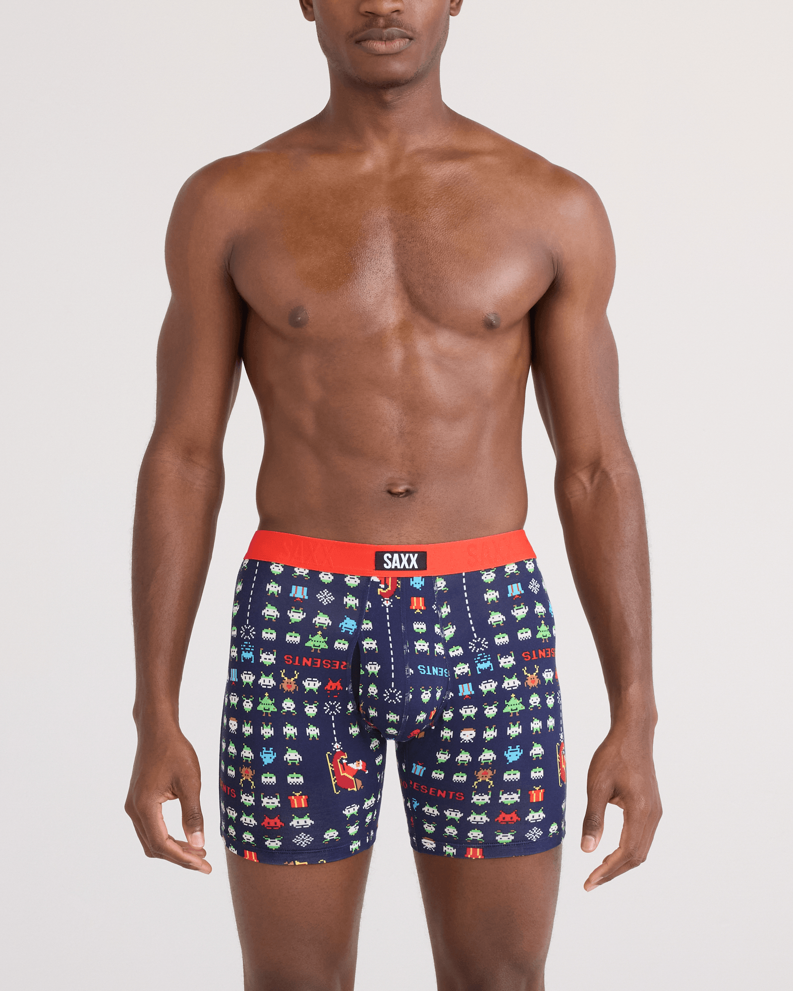 Front - Model wearing  Vibe Xtra Soft Comfort Boxer Brief Fly 5 Pack in Sweet/Sleigh Invaders/Black