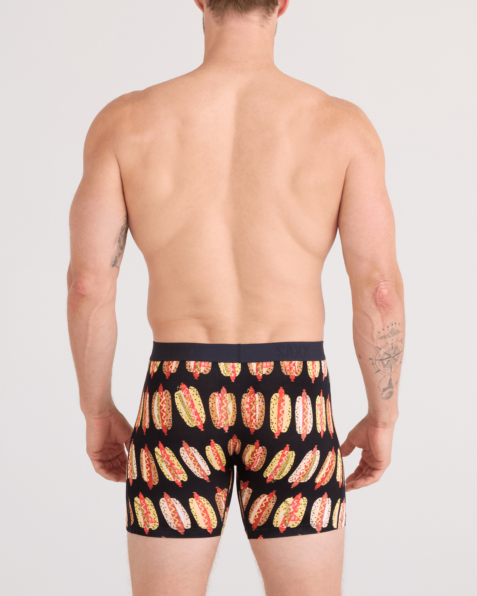 Back - Model wearing  Vibe Xtra Soft Comfort Boxer Brief Fly in Super Dawgs-Black
