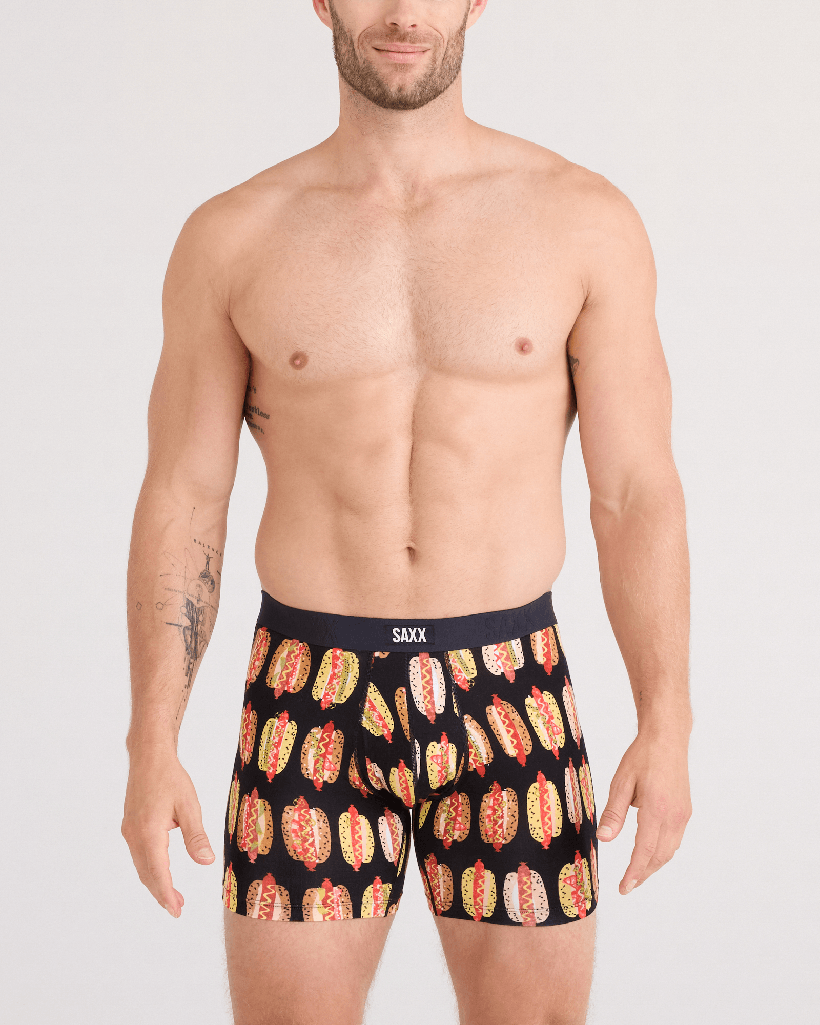 Front - Model wearing  Vibe Xtra Soft Comfort Boxer Brief Fly in Super Dawgs-Black