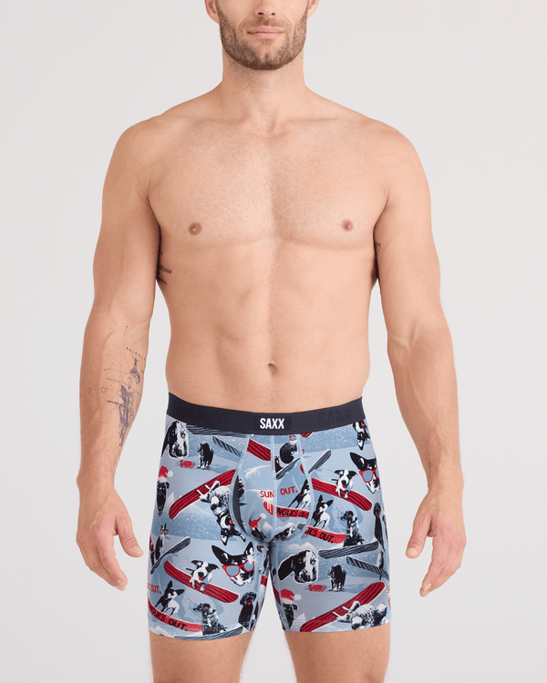 Front - Model wearing  Vibe Xtra Soft Comfort Boxer Brief Fly in Winter Dogs Of Saxx-Blue