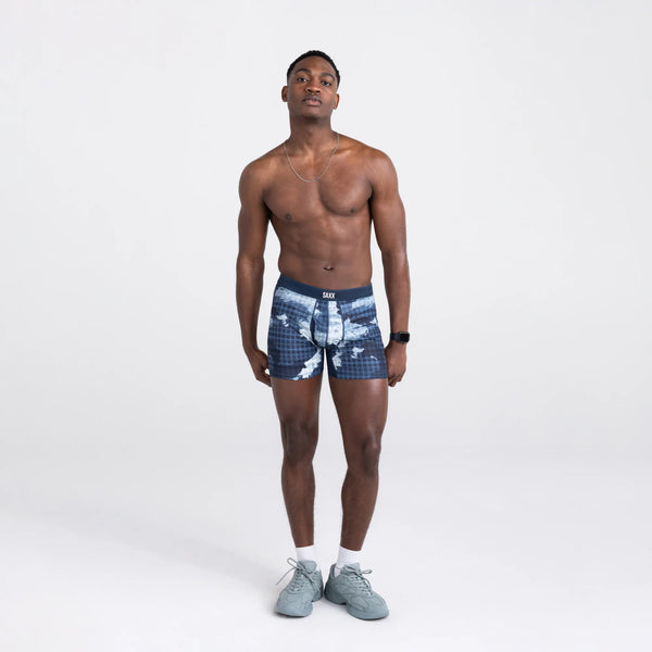 Front - Model wearing Droptemp Cooling Mesh Boxer Brief Fly in Cloud Drop Camo- Navy