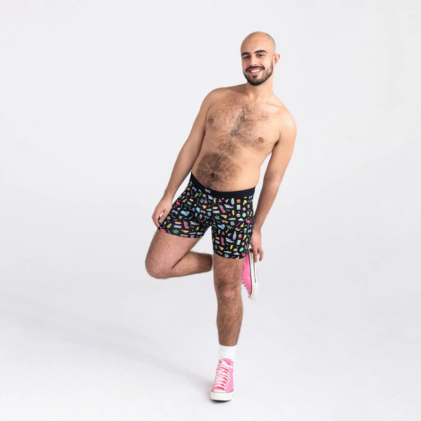Front - Model wearing Daytripper Boxer Brief Fly in Fun Bits- Black