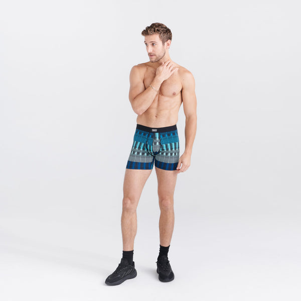 Front - Model wearing Daytripper Boxer Brief Fly in Frequency Stripe- Teal