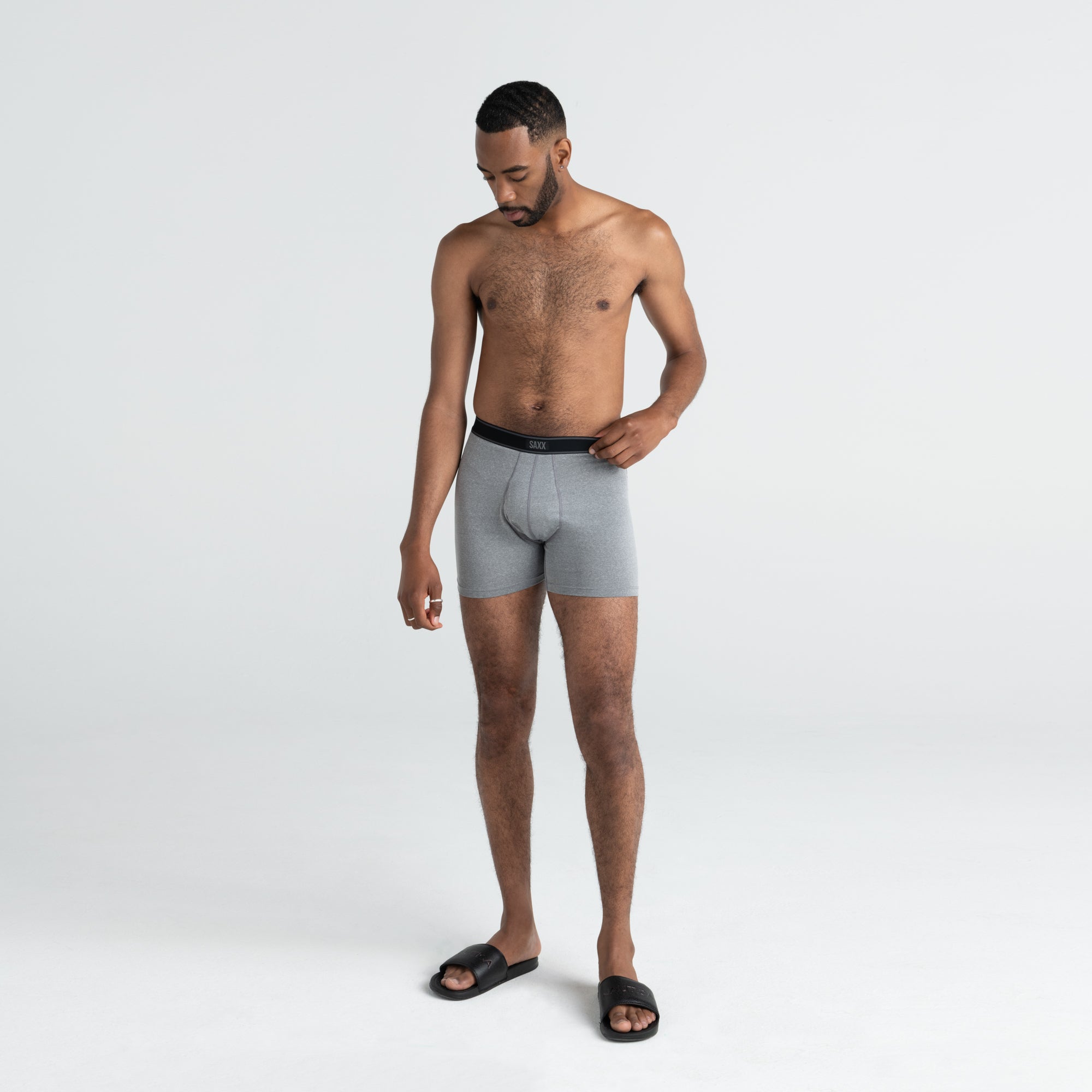 Front - Model wearing Daytripper Boxer Brief Fly 2 Pack in Black/Grey Heather