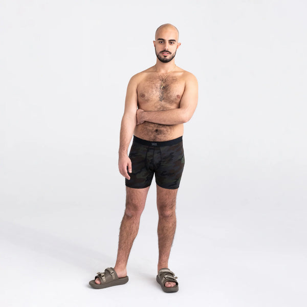 Front - Model wearing Daytripper Boxer Brief Fly in Black Ops Camo