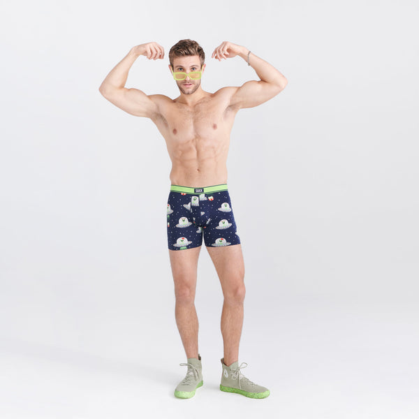 Front - Model wearing Daytripper Boxer Brief Fly in Peace On Earth- Maritime