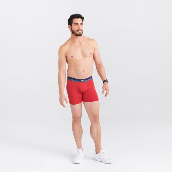 Front - Model wearing Sport Mesh Boxer Brief Fly in Cherry