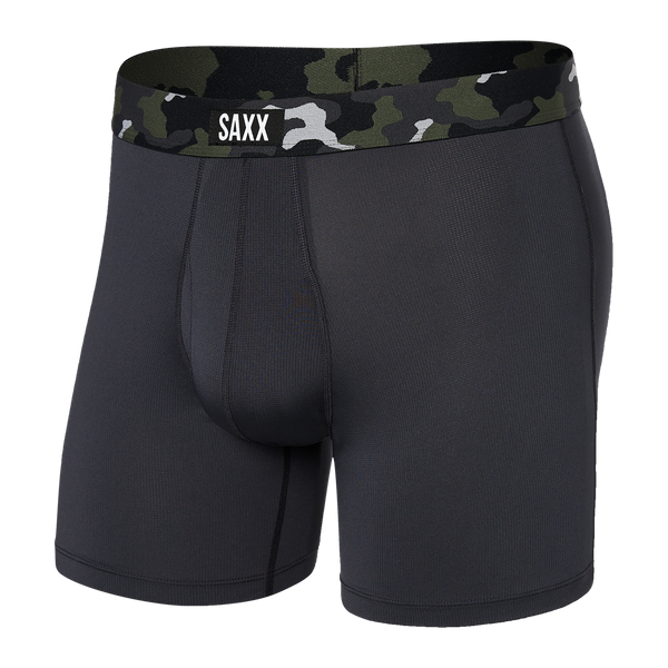 Front of Sport Mesh Boxer Brief Fly in Faded Black/Camo Waistband