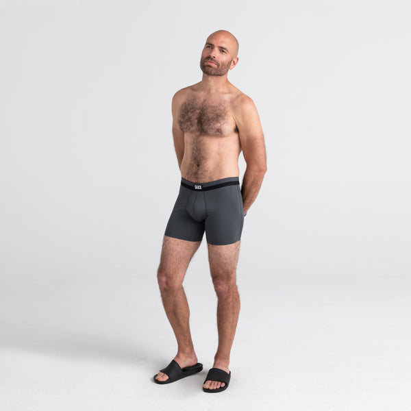 Front - Model wearing Sport Mesh Boxer Brief Fly 2 Pack in Black/Grey Heather