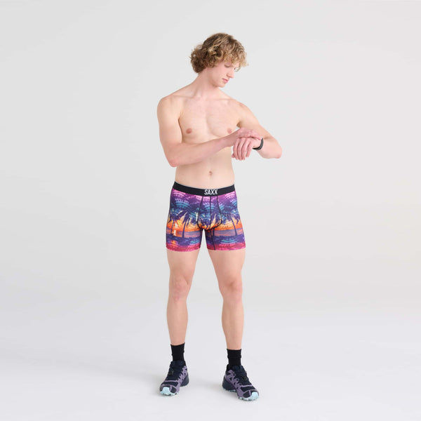 Front - Model wearing Volt Boxer Brief in Horizon Palms- Multi