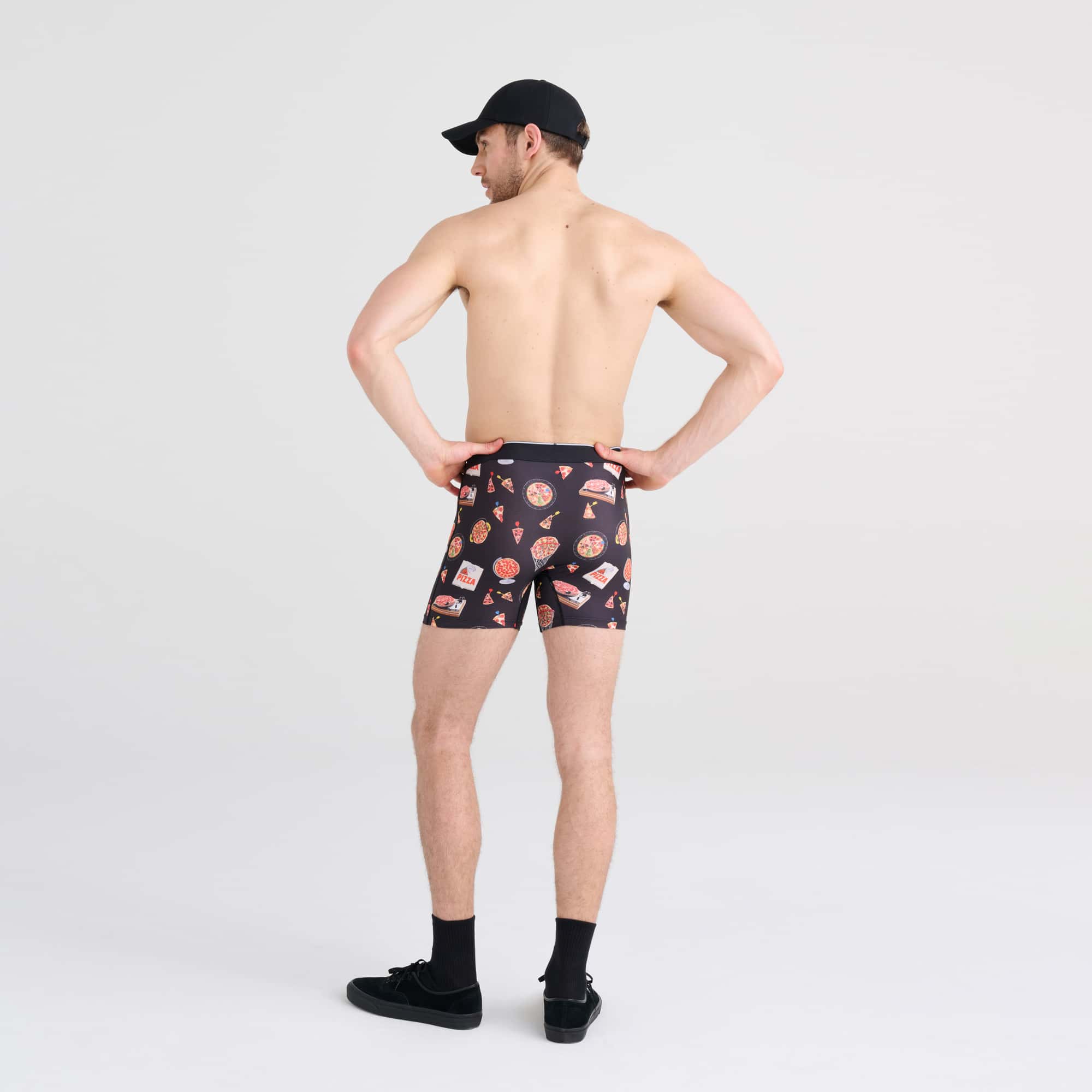 Back - Model wearing Volt Boxer Brief in Pizza On The Brain- Black