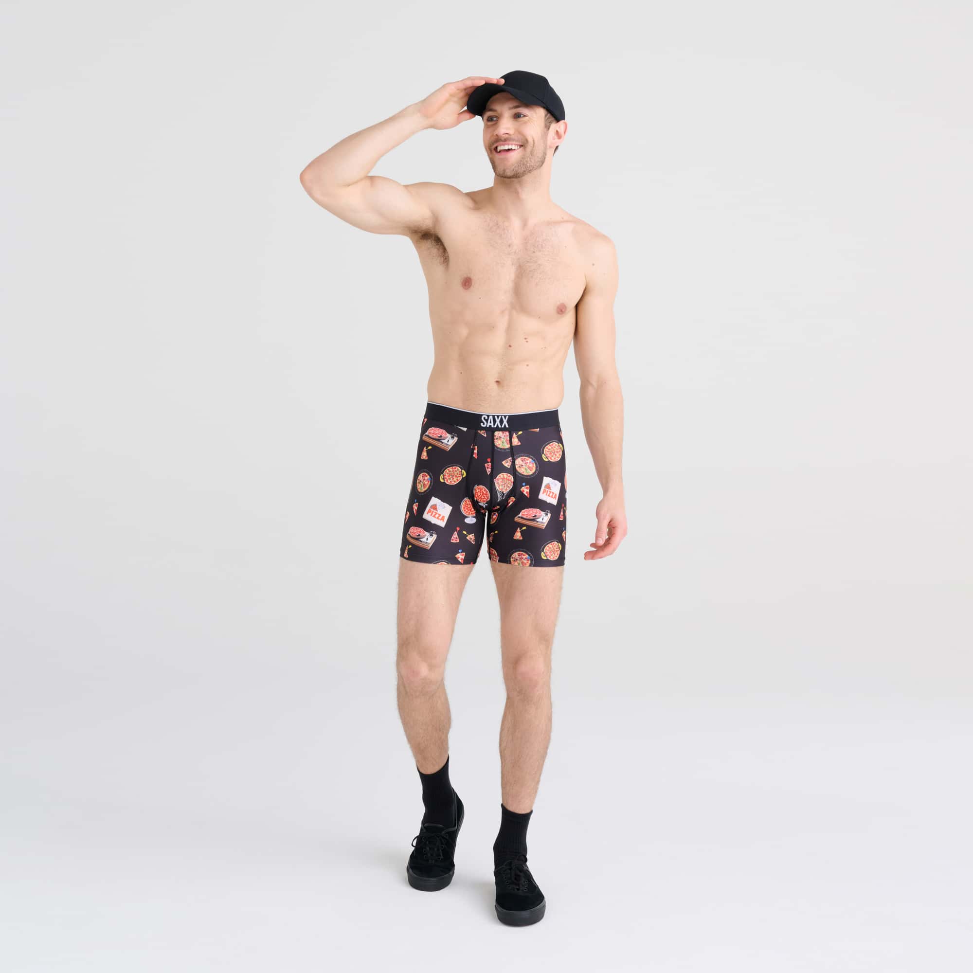 Front - Model wearing Volt Boxer Brief in Pizza On The Brain- Black