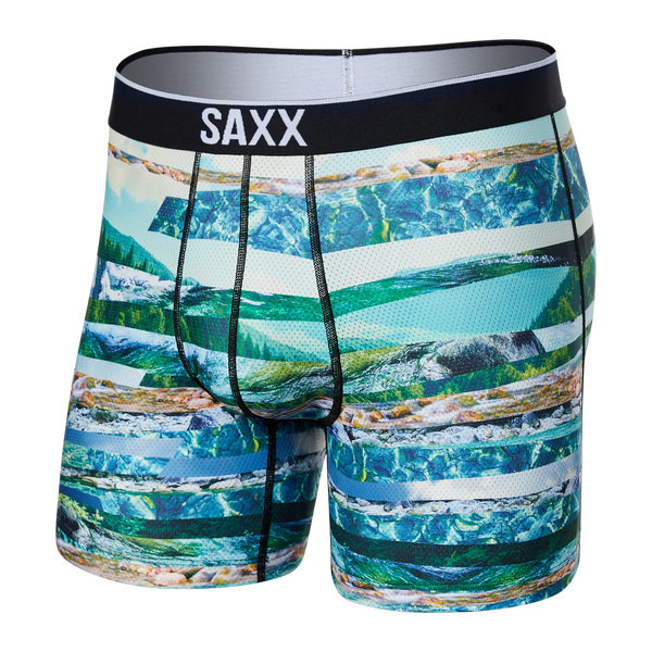 Front of Volt Breathable Mesh Boxer Brief in River Run Stripe- Multi
