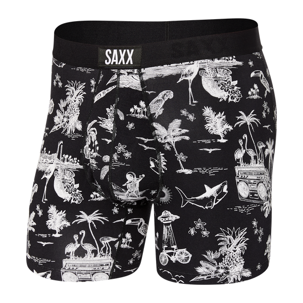 Front of Ultra Boxer Brief Fly in Black Astro Surf And Turf